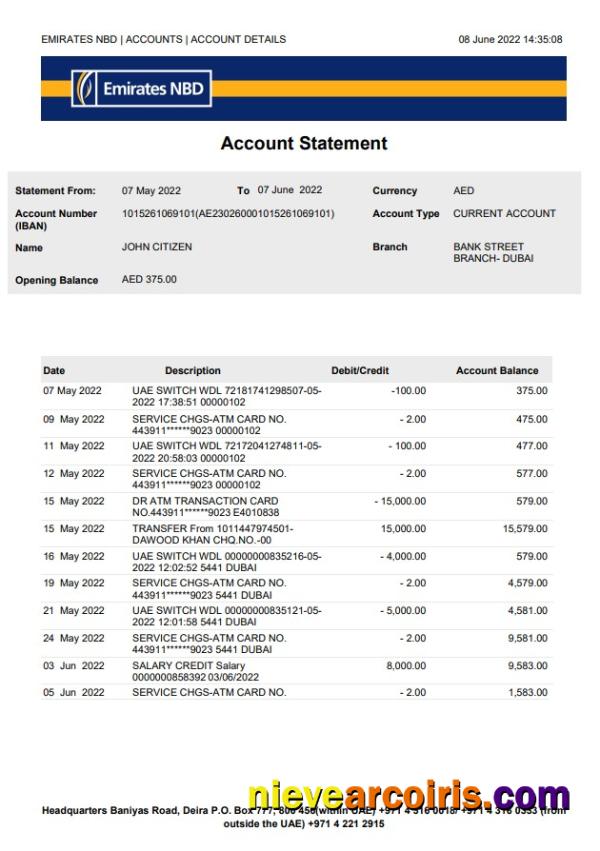 UAE Dubai NBD bank statement Word and PDF, version 2